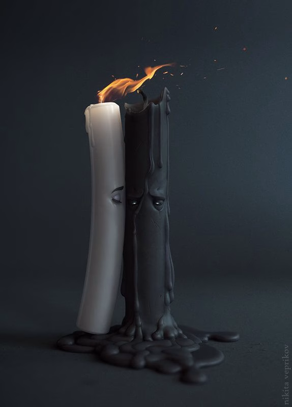 A black and white candle burning on an altar, symbolizing a curse reversal ritual.
