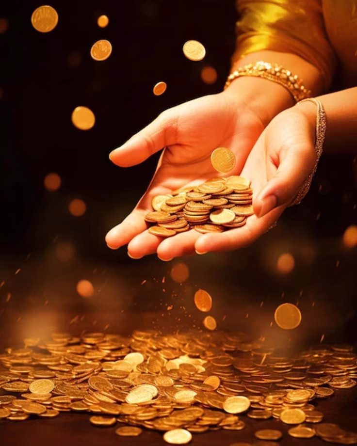 A hand holding a lucky charm made of coins for financial breakthrough charm