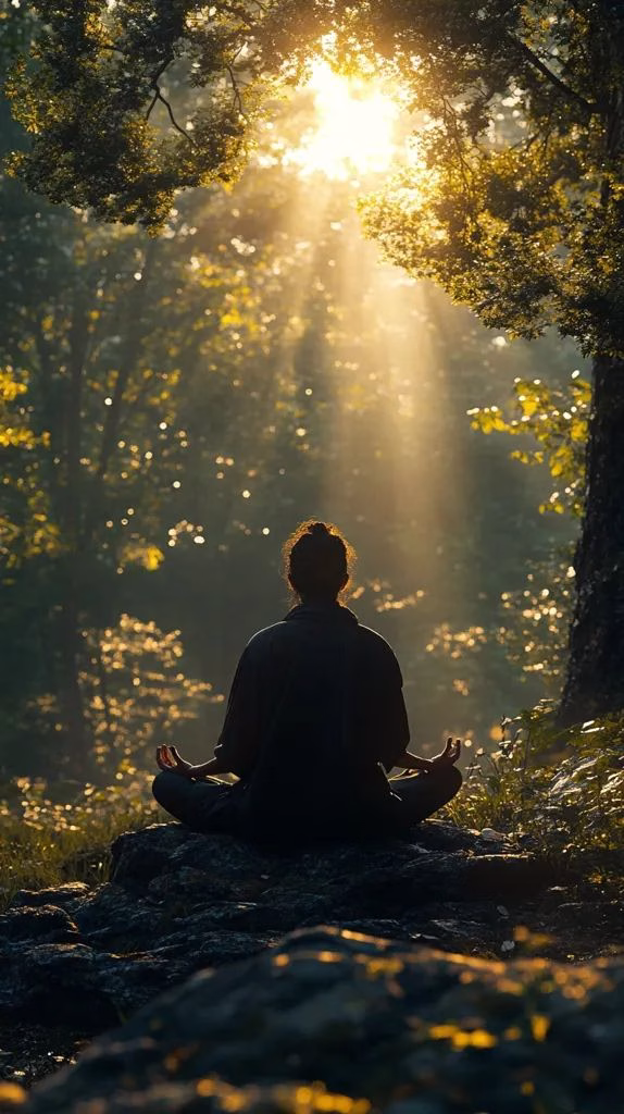 A person meditating with a glowing aura, performing a spiritual armor spell for protection.