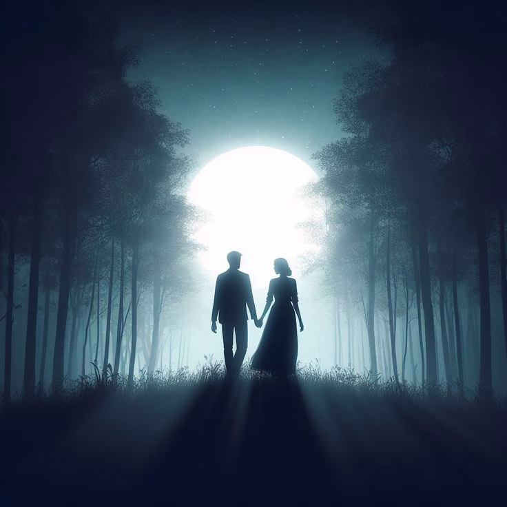 A couple clasping hands under a moonlit sky, symbolizing trust and love strengthened by ritual.
