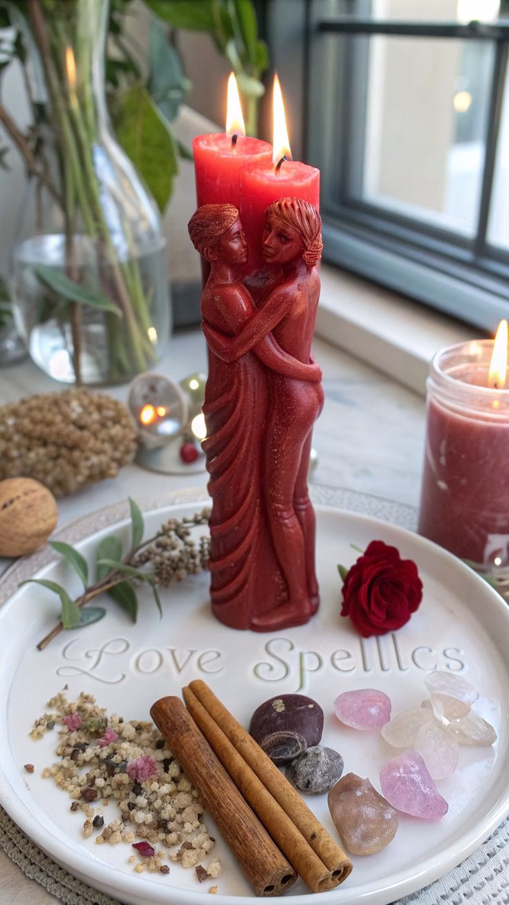 Two red candles burning on a small altar, symbolizing a twin flame connection spell.