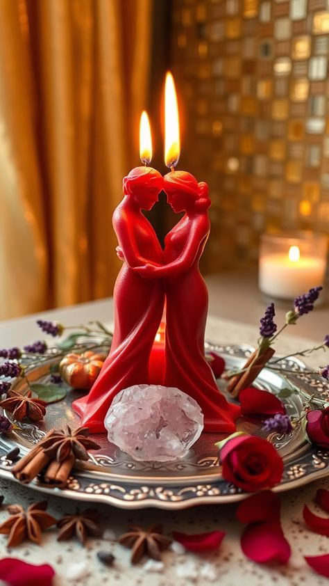 Red candles burning on an altar for a love spell to get ex back.
