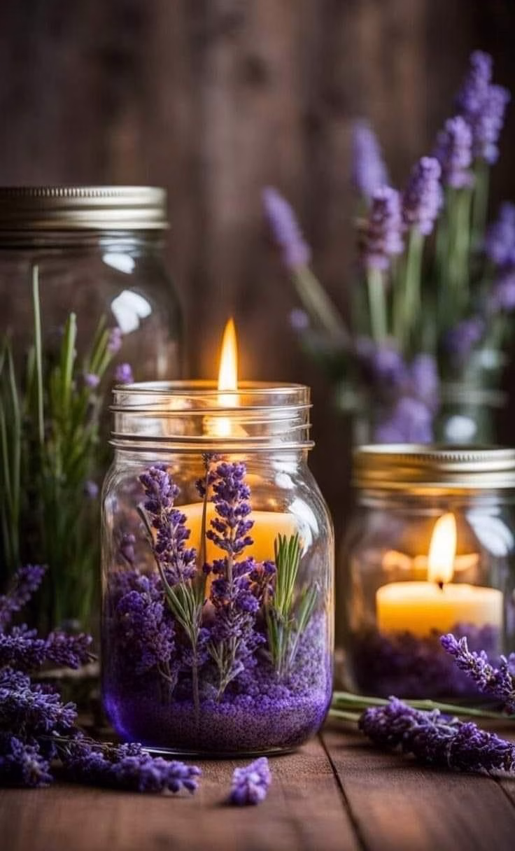 A rustic mortar and pestle with rose petals, lavender sprigs, and honey jar beside a pink candle on a wooden table, herbal love potions