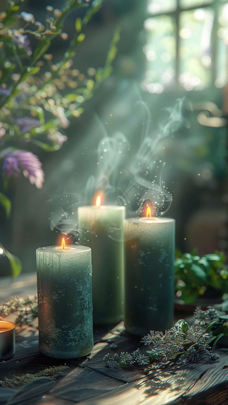 Green candle burning under the full moon for prosperity ritual.