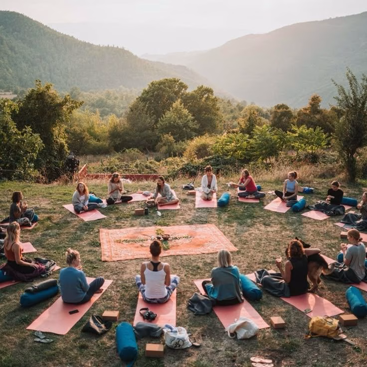 "Participants meditating at a mindfulness retreat in the USA, surrounded by serene nature."