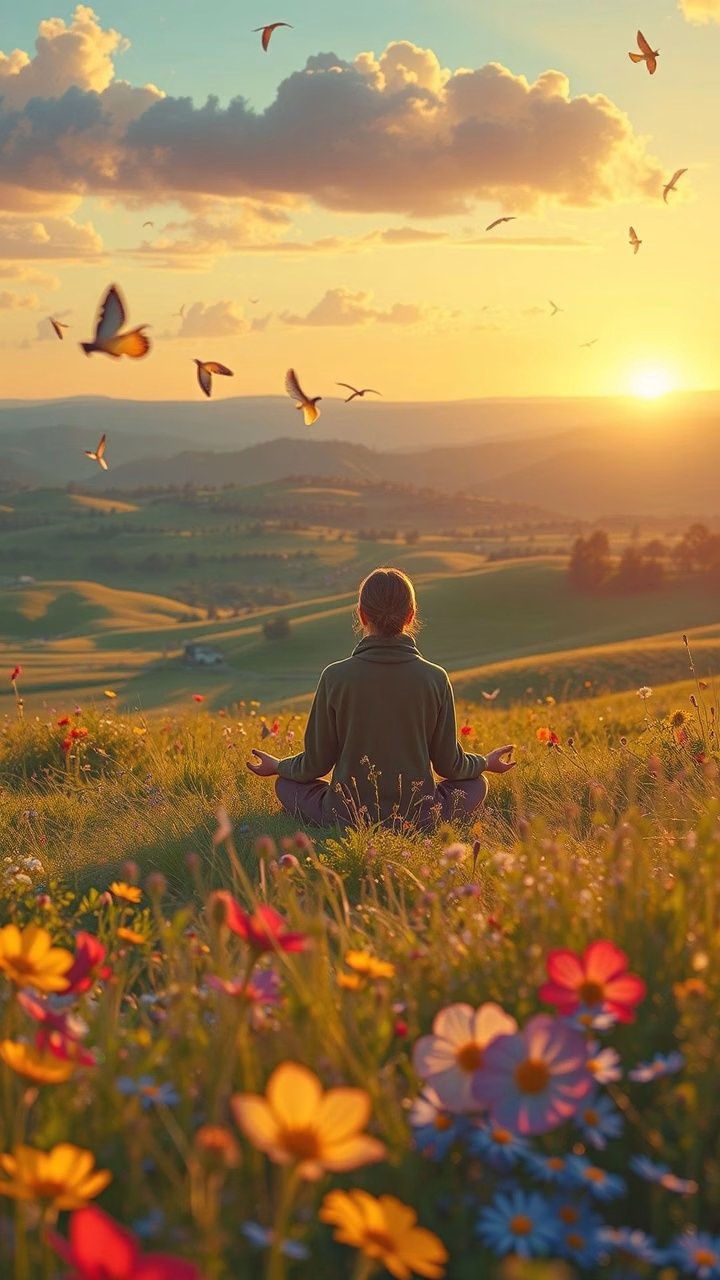 Person standing in sunrise with arms outstretched, surrounded by green plants and herbal bundles. for