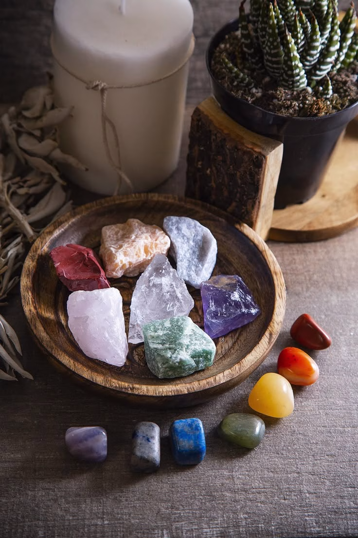 Polished quartz, amethyst clusters, and rose quartz jewelry displayed in a crystal shop.