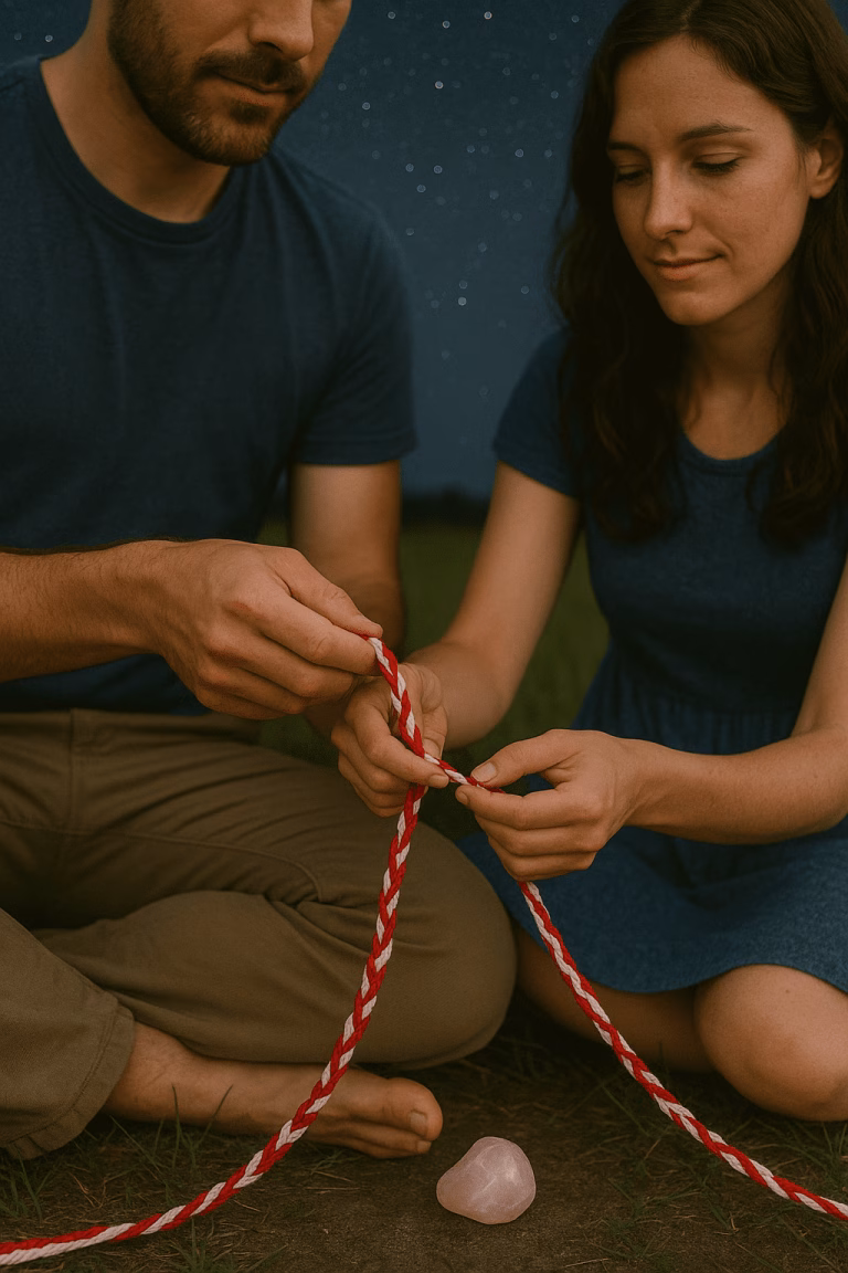 A couple braiding red and white cords under a starry sky, symbolizing enduring love and commitment in a magical ritual.