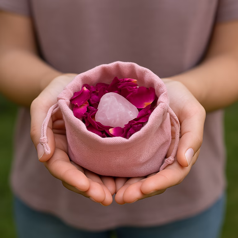 Person holding a pink love charm pouch with rose petals and rose quartz in a peaceful outdoor setting representing charm spells for love