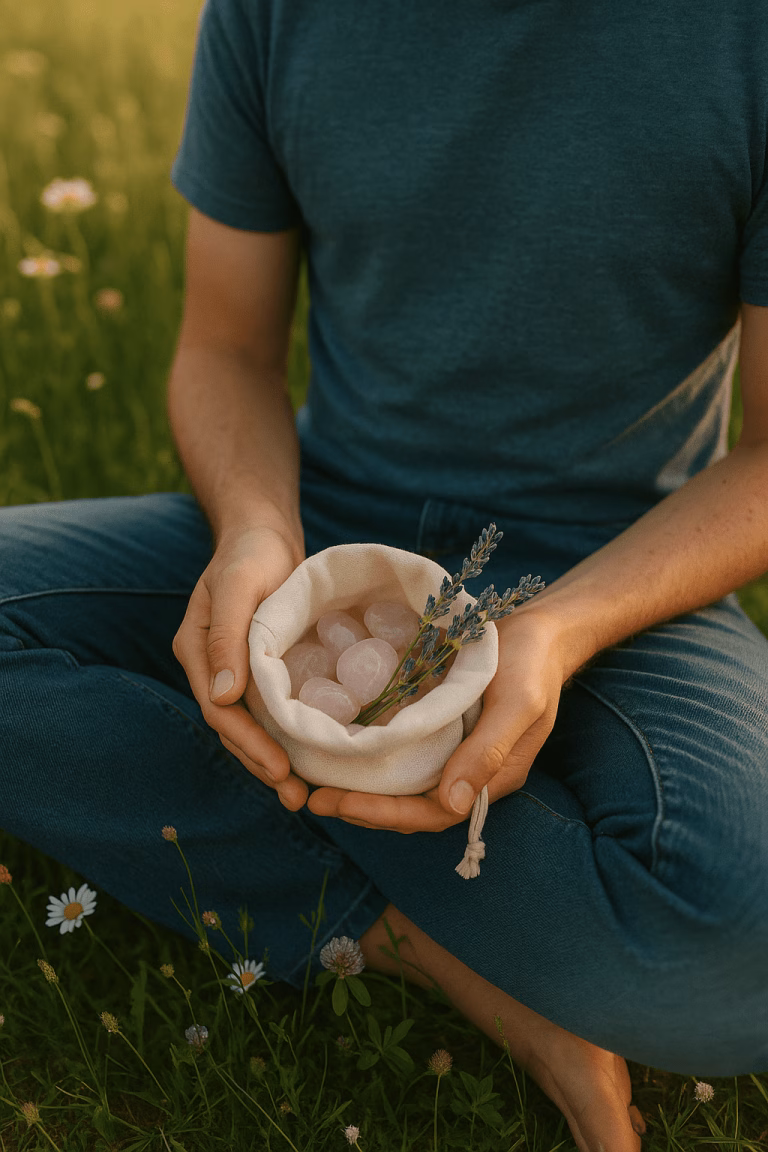 A person sitting in a serene meadow, holding a white pouch with rose quartz and lavender.