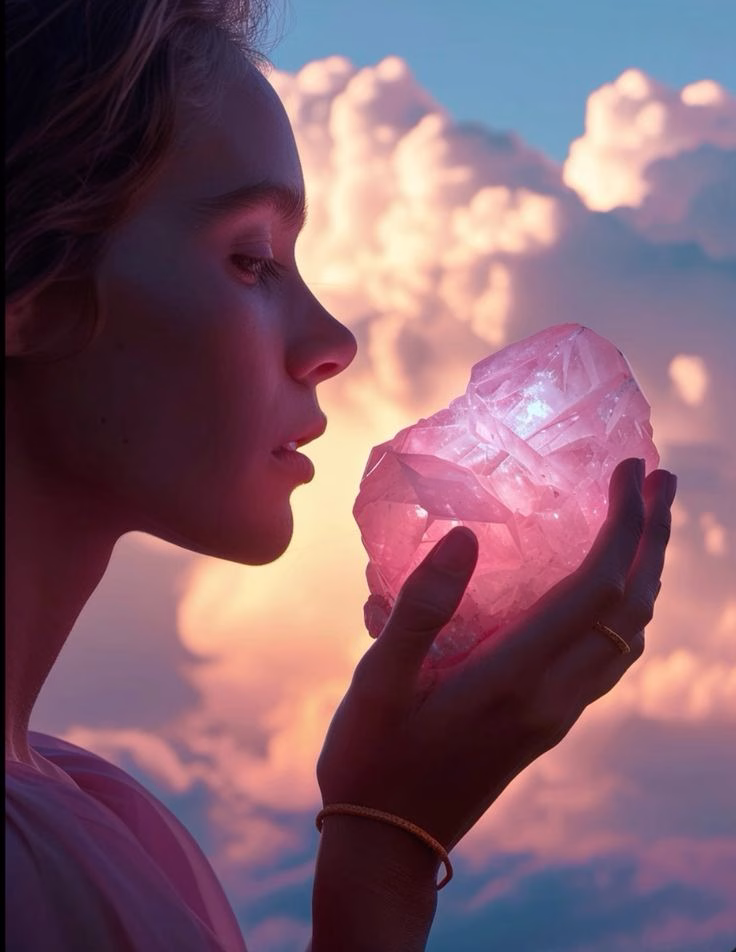 Person releasing a flower petal into a serene river, holding a rose quartz crystal, symbolizing heartbreak healing magic.