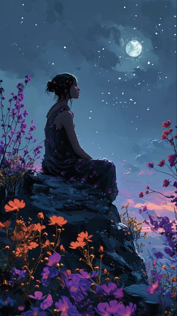 Person scattering flower petals into a gentle breeze on a hilltop under a starry sky, symbolizing releasing past love.