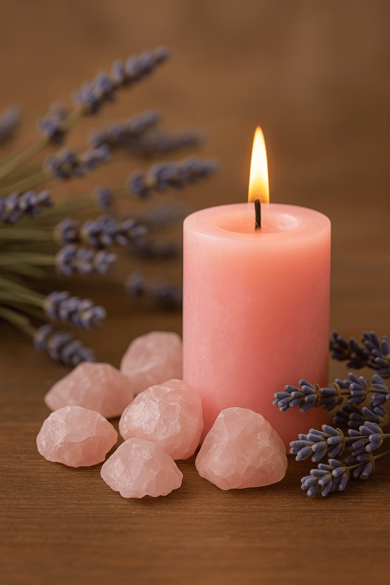 Pink candle and rose quartz in a self-love after heartbreak spell ritual.