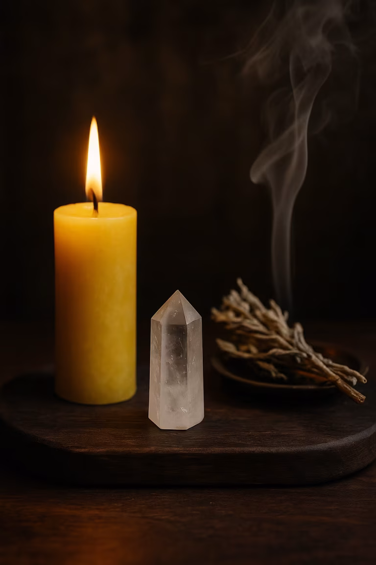 Yellow candle and rose quartz in a relationship healing spell ritual.