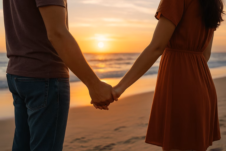 A couple holding hands on a beach at sunset, representing the rekindled passion of a love spell ritual.