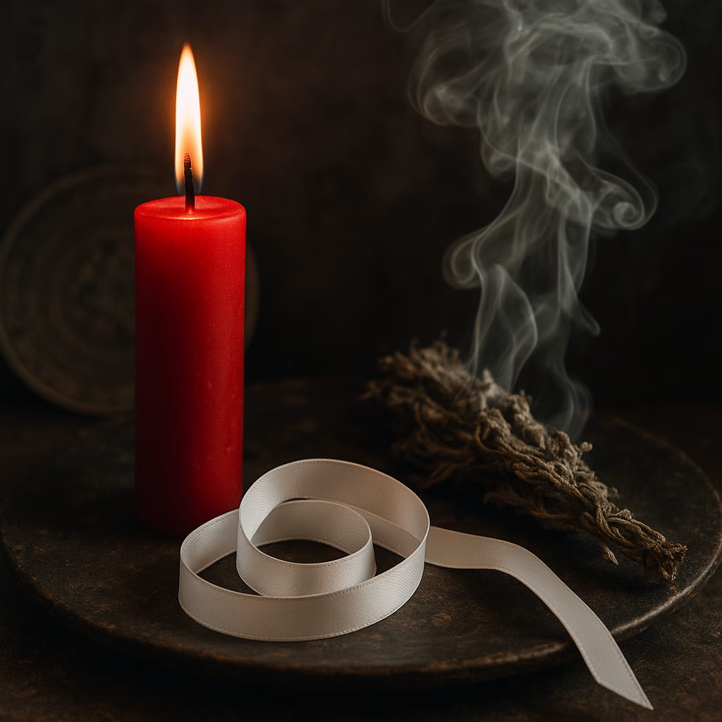 Red candle and white ribbon in a relationship binding spell ritual.