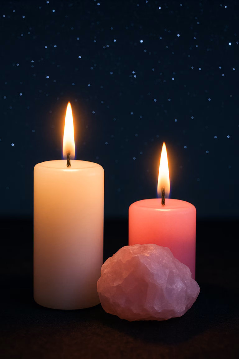 White and pink candles with rose quartz in a twin flame connection ritual.
