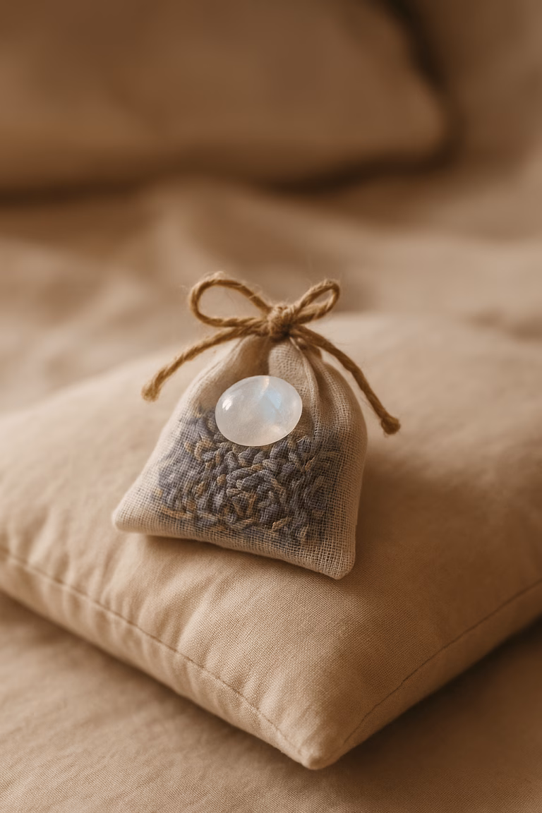 Sachet with lavender buds and moonstone crystal on a pillow, symbolizing bedroom magic spells for sleep and romance