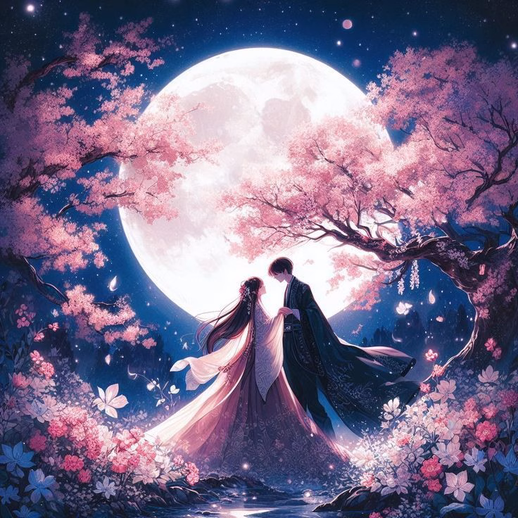 A couple dancing intimately in a moonlit garden, holding rose quartz crystals, symbolizing romantic energy flow.