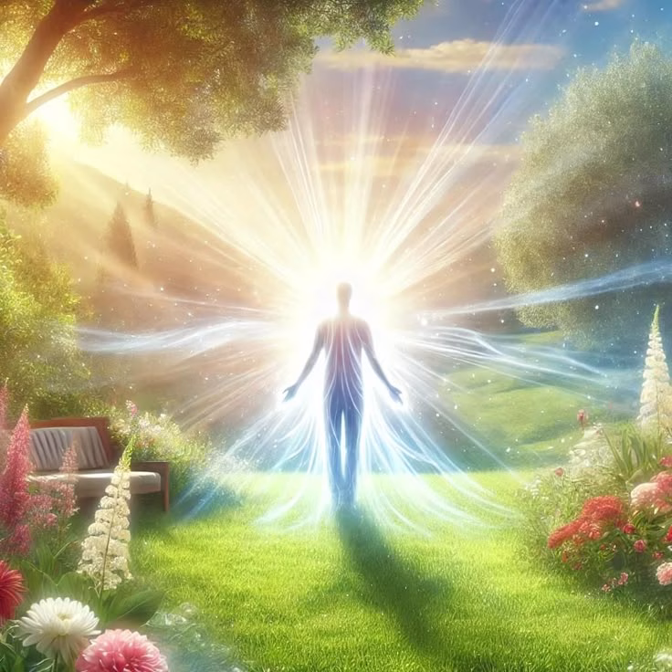 A person standing in soft morning light with a glowing aura-like glow surrounding them, symbolizing spiritual energy amplification.