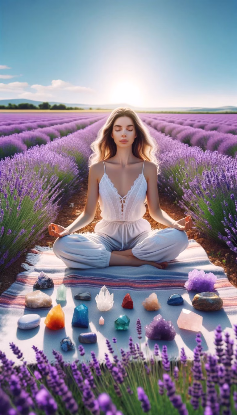 Person meditating with an amethyst crystal and lavender buds in a quiet outdoor space, symbolizing emotional alignment spells.