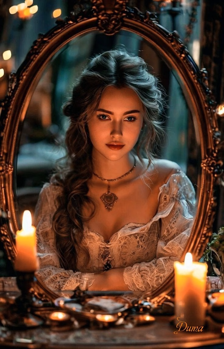A woman gazing into an antique mirror at night, with a soft glow around her reflection and rose quartz on the table.