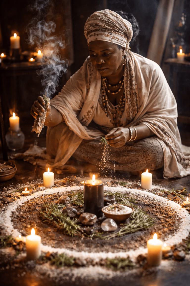 A spiritual healer performing a traditional protection ritual with salt circle, herbs, and candle in a dimly lit room, symbolizing energy shielding.