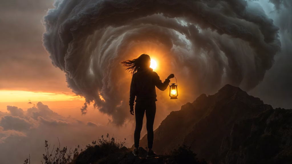 A person standing on a mountaintop at sunset, holding a glowing lantern of peace while storm clouds gather behind them, symbolizing success without lasting inner calm.