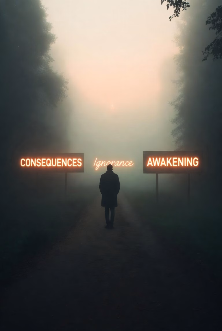 A person ignoring glowing signs in a foggy path, with a distant light breaking through, symbolizing spiritual consequences and awakening.