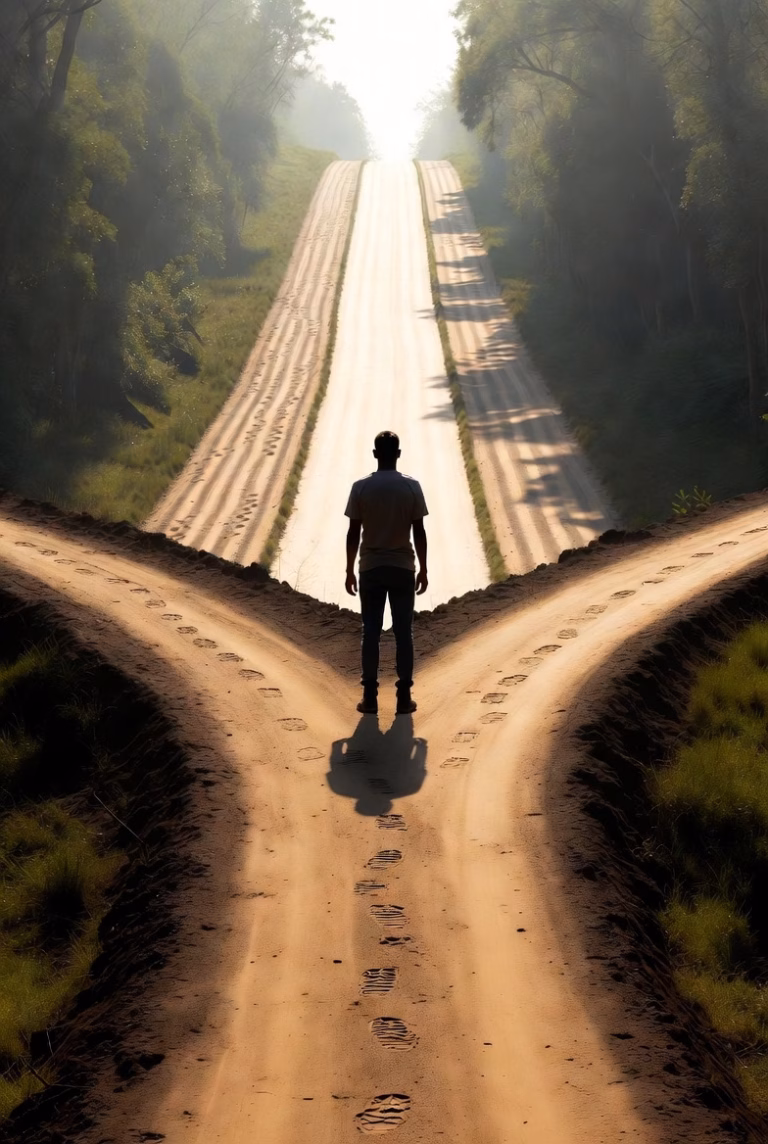 A person standing at a crossroads with faded repeating footprints behind them and a bright new path ahead, symbolizing breaking old patterns and finding direction.