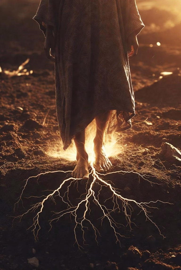 A person standing barefoot on grass with roots extending downward into the earth and soft golden light around them, symbolizing spiritual grounding and emotional stability.