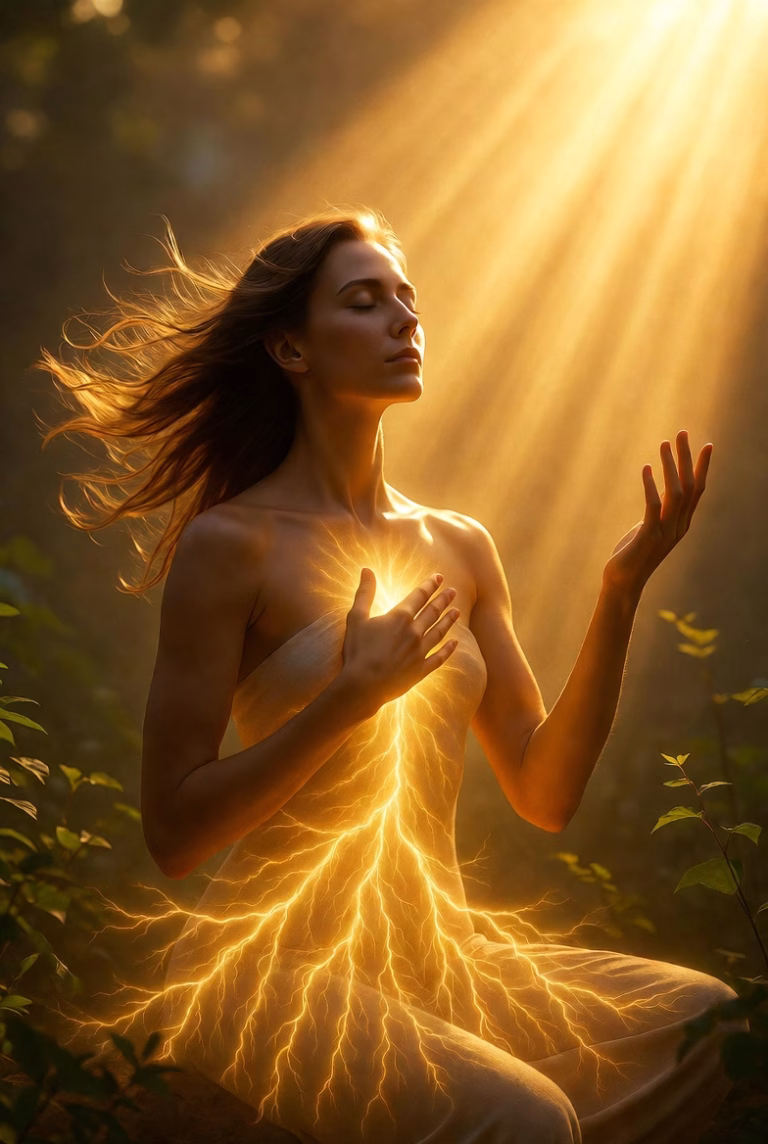 A person sitting quietly with one hand on their heart and the other reaching toward soft golden light, symbolising the gentle process of restoring confidence and self-worth through spiritual balance.