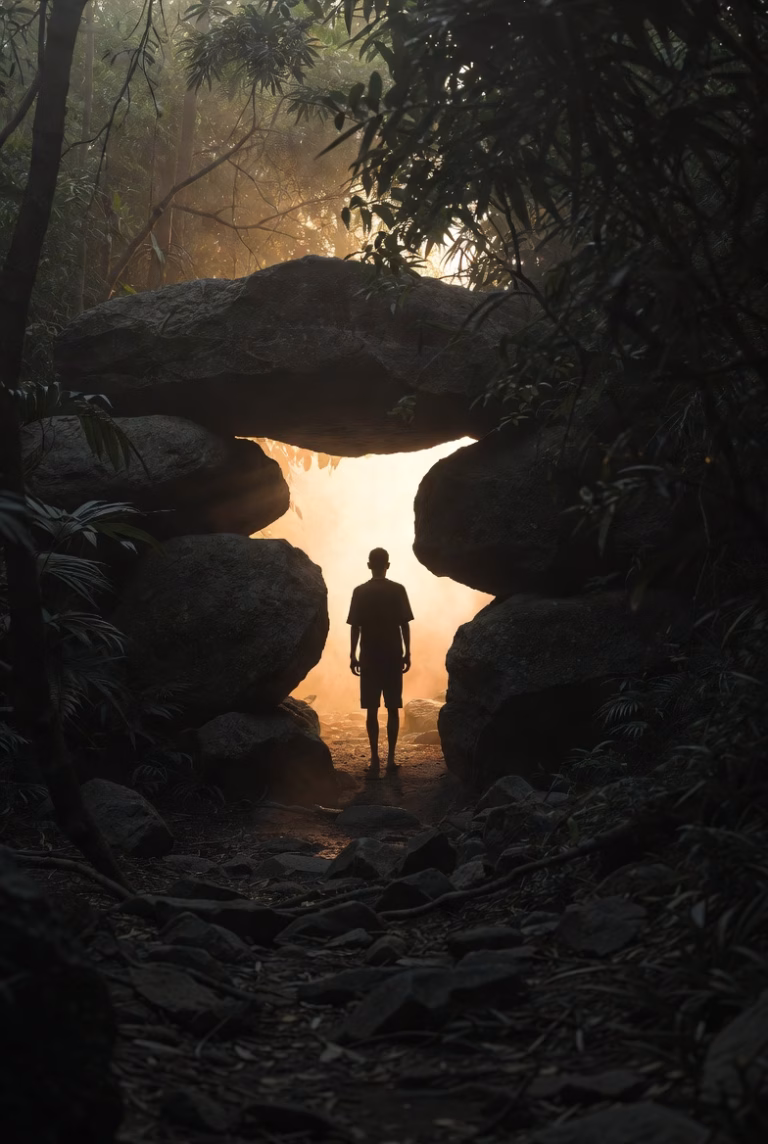 A person standing still in a beautiful but blocked path, with soft golden light breaking through the obstacles ahead, symbolising the quiet struggle of feeling stuck despite effort.