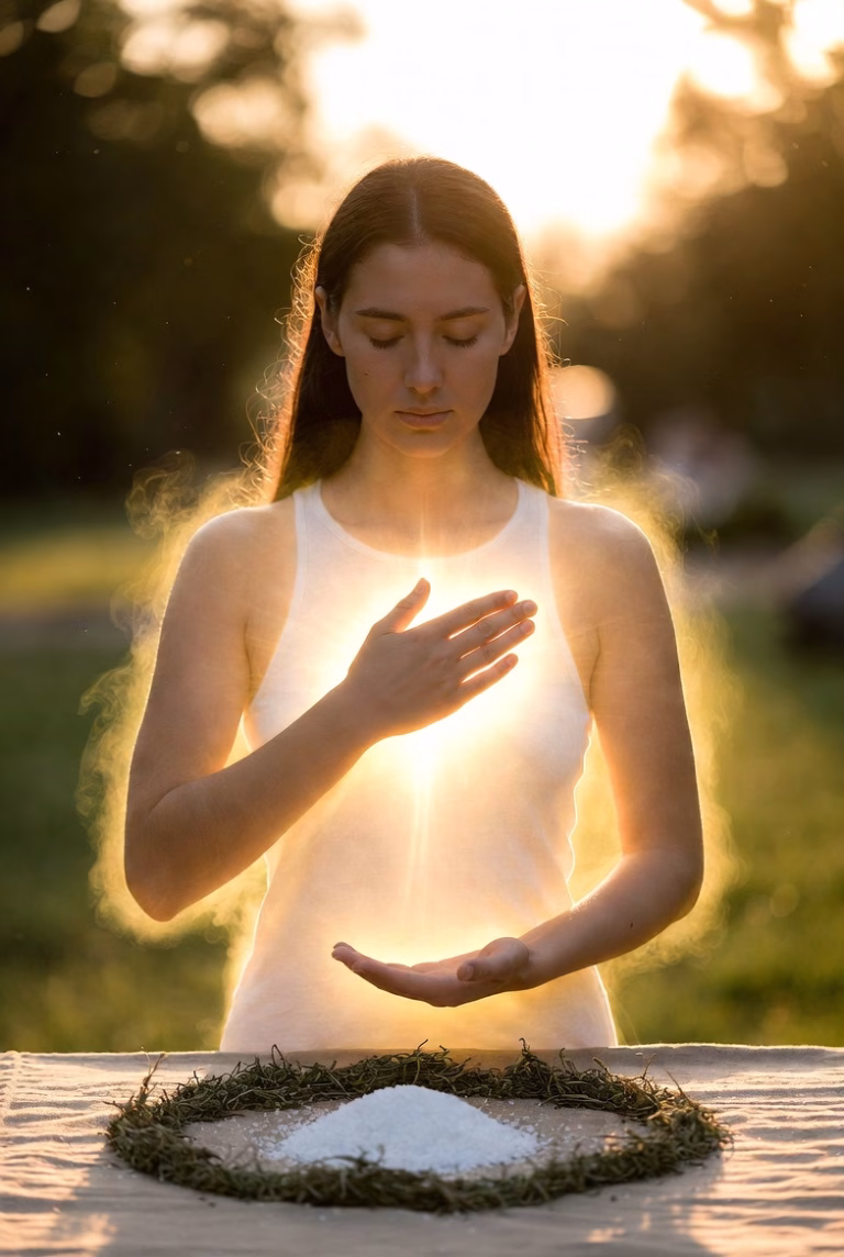 A person standing calmly in soft morning light with one hand over their heart and the other gently raised, surrounded by a soft glowing shield of light, herbs and a small salt circle on the floor, symbolising lasting spiritual protection.
