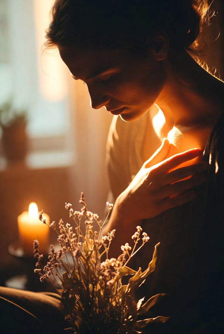 A person sitting quietly with one hand on their heart, soft golden light touching their face, surrounded by gentle herbs and a single candle, symbolising the quiet healing of emotional pain with spiritual roots.
