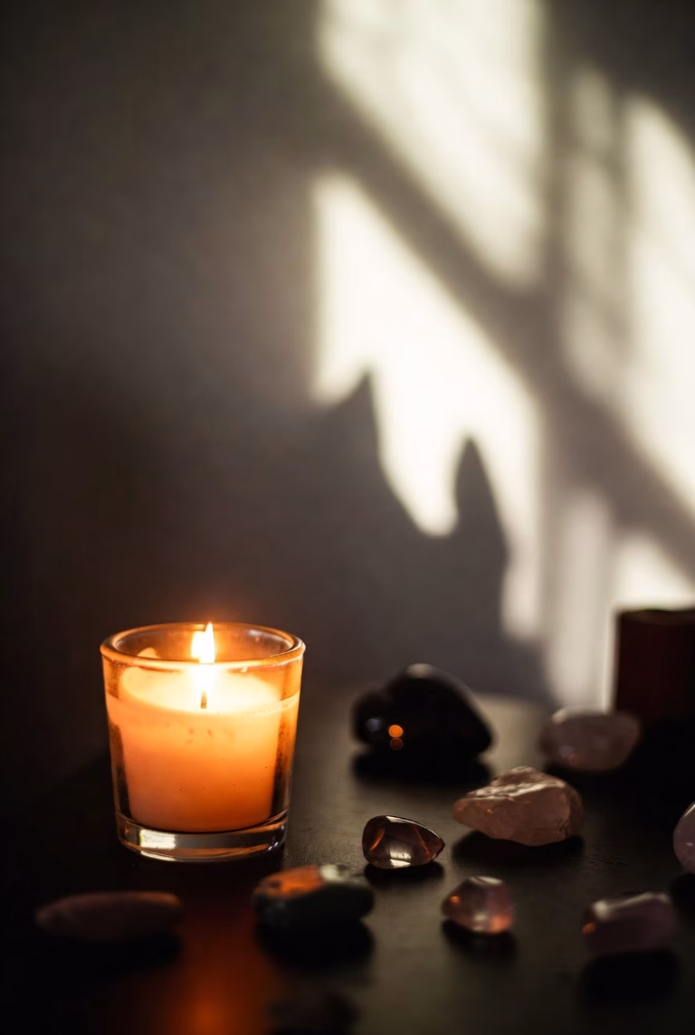 A calm setting with a lit candle, crystals, and soft sunlight representing inner balance and spiritual alignment.